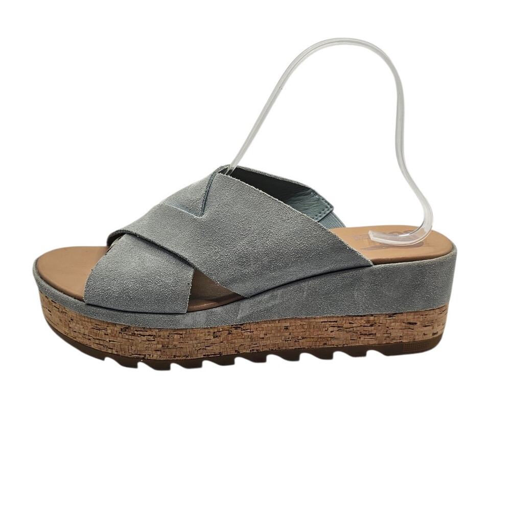 Sorel Cameron Flatform Light Blue Suede Cork Platform Sandals Women's 9